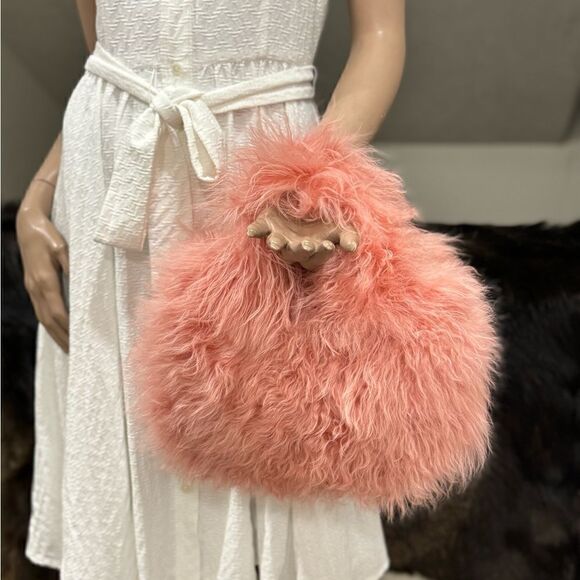 Flamingo Pink Real Curly Shearling Handmade Top HandleBag/Shoulder Bag/Crossbody - Picture 4 of 16